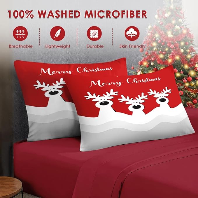 7 Pcs Queen Size Christmas Comforter Set with 2 Pillowcases & 2 Shams, Cute Cartoon Reindeer Bedding for Kids and Adults, Winter Merry Xmas Bed in a Bag with Flat Fitted Sheet