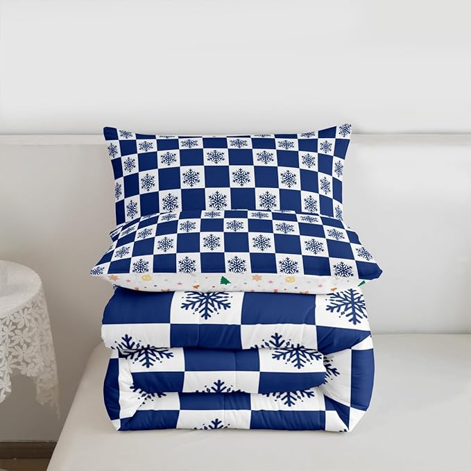 Feelyou Christmas Bedding Set Soft for Boys Girls, Checkered Comforter Set Full Size Snowflake Duvet Quilt Microfiber Xmas Decorations Bedroom Decor Blue 3 Pcs with 2 Pillow Cases
