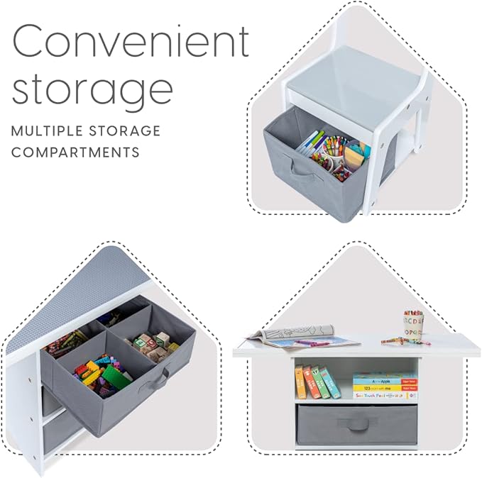 Milliard Kids 3-in-1 Play Table and Chair Set Wood with Storage Baskets, Compatible with Lego and Duplo Bricks, Activity Table Playset Furniture with Modern Gray Colors
