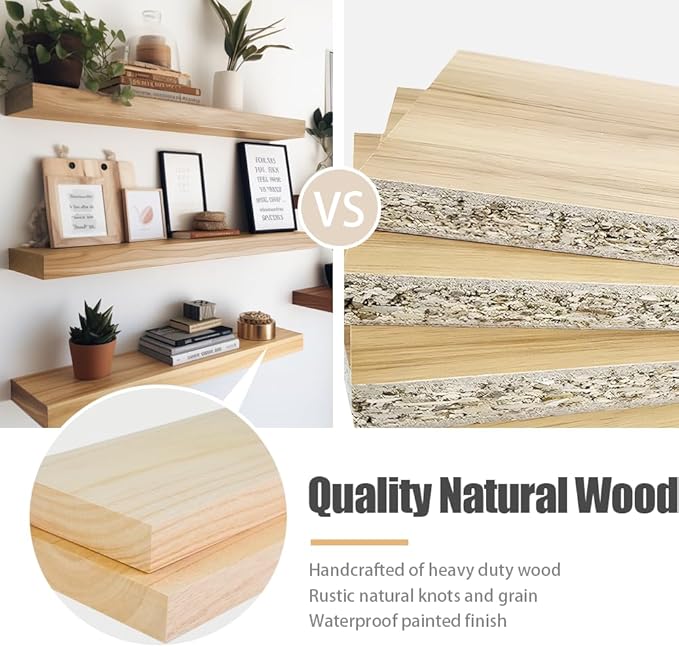 Habudda Floating Shelves, Wooden Wall Shelf for Rustic Decor, Hanging Display Shelving for Bedroom Bathroom Kitchen Living Room, Natural Wood, Invisible Bracket, 23.6"×6.7"×1.6", 2-Pack