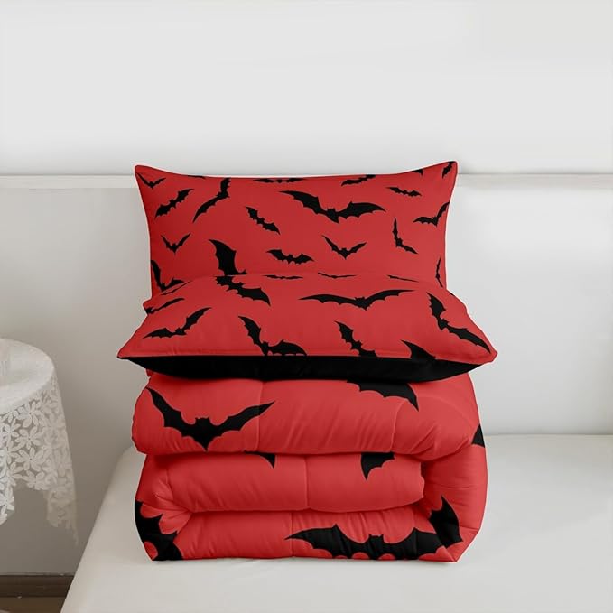 Erosebridal Black Bats Bedding Set Halloween Themed Comforter Set Toddler Size,Bat Spooky Gothic Quilt for Kids Boys Girls Adults Red Halloween Decorations Duvet Insert,Goth Room Decor
