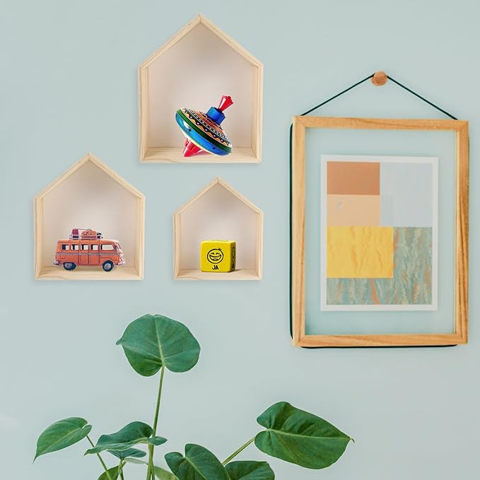 Angoily 3pcs House Shaped Floating Shelves Wall-Mounted Wood Storage Rack for Home Decor Modern Geometric Design with Strong Bearing for Stationery Plants Ornaments Display