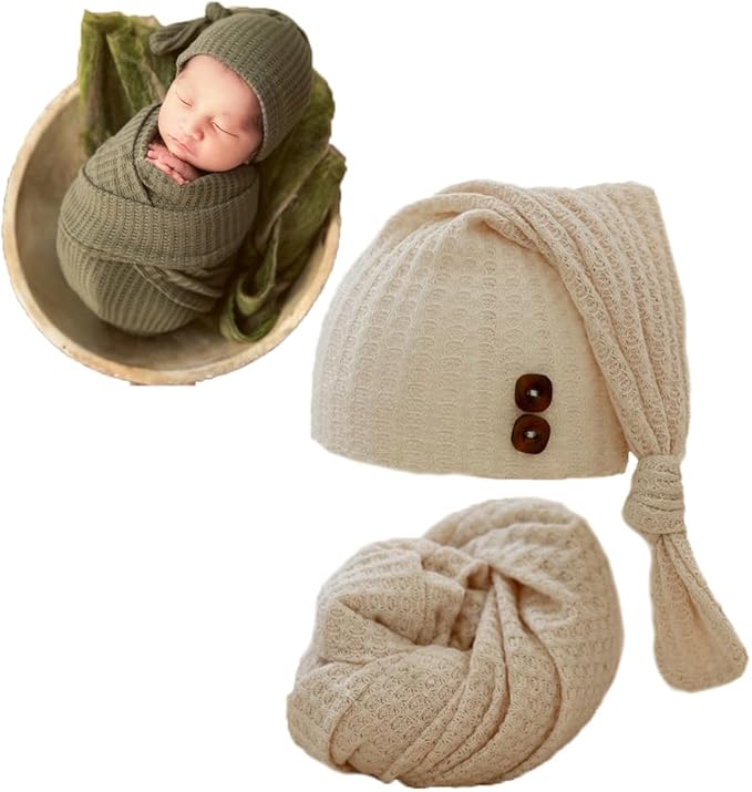Newborn Baby Photography Wrap with Long Tail Hat Boy Girl Photo Crochet Outfits Picture Blanket Props (Beige)