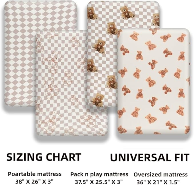 Fitted Baby Neutral Pack N Play Sheets Mini Crib Sheets Bear and Buffalo Check Plaid Breathable Unisex Baby Sheet Set for Boys or Girls