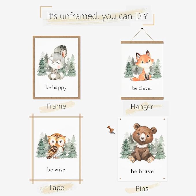 Wodkwq Nursery Wall Art Woodland Animal Canvas Prints Baby Girl Boy Room Decor Cute Poster Pictures Forest Theme Toddler Room Decoration Painting Set of 6 for Kids Bedroom Bathroom 12x16in Unframed