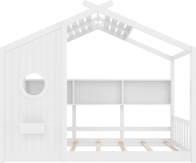 Twin Size Floor House Bed with Roof and Window for Kids, Wooden Playhouse Bed with Storage Shelves for Bedroom Furniture Girls & Boys (White/L2, Twin)