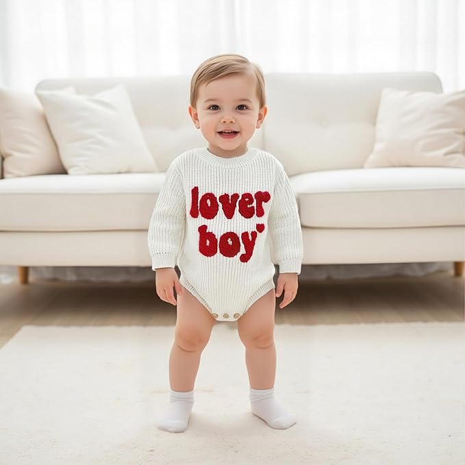 Lesimsam Newborn Baby Boy Girl Valentines Day Outfit Oversized Embroidery Long Sleeve Knit Sweater Bubble Romper Bodysuit