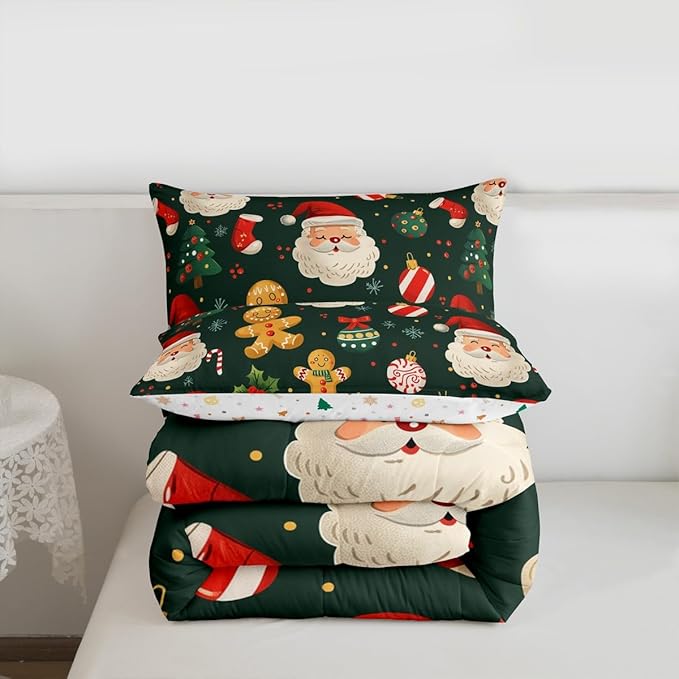 Feelyou Christmas Bedding Set Soft for Boys Girls, Santa Xmas Tree Comforter Set Twin Size Gingerbread Man Duvet Quilt Microfiber Snowflake Stockings Bedroom Decor 2 Pcs with 1 Pillow Cases