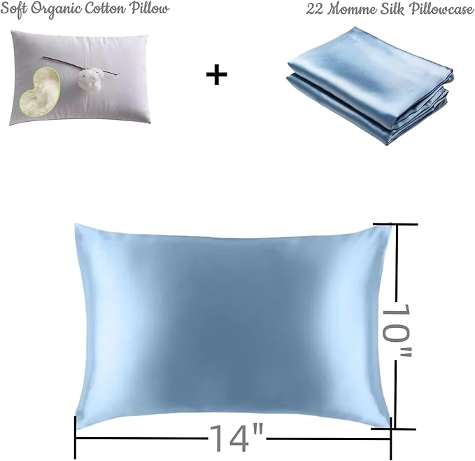 Organic Silk Baby Pillowcase with Zipper, Small 10"x13" Pillow Cover for Boys & Girls, Ideal for Bed & Travel, Soft for Kids Hair & Skin, Hypoallergenic Pillowcases for Toddlers (Blue Grey+ Pillow)