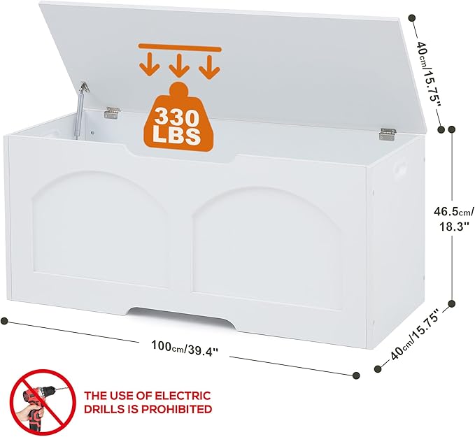 39.4" Storage Chest, Wooden Storage Bench, Storage Trunk, Chest with Lift Top, Large Box Entryway Bench, Supports 330 lb U-Shaped Opening for Entryway, Hallway, Living Room, White