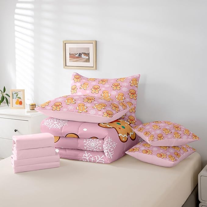 Erosebridal Christmas Gingerbread Queen Bedding Set 7 Piece,Cute Gingerbread Man Bed in A Bag,Xmas Snowflake Comforter Set Girls Sheet Set with Comforter,Pink Christmas Decoration
