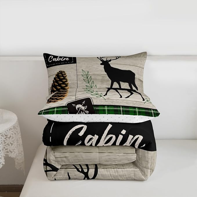 Deer Silhouette Kids Comforter Set Twin Size,Old Plank Leaves Bedding,Girls Boys Adults Bedroom/Xmas Cabin Decor,Geometric Grid Plaid Retro Down Comforter,Rustic Farmhouse Duvet Insert,1 Pillowcase