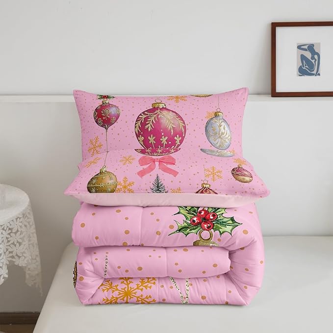 Erosebridal Merry Christmas Full Bedding Sets Xmas Tree Comforter Sets Kids Snowflake Happy New Year Down Comforter for Boys Girls Pink Bownot Decor Bed Set