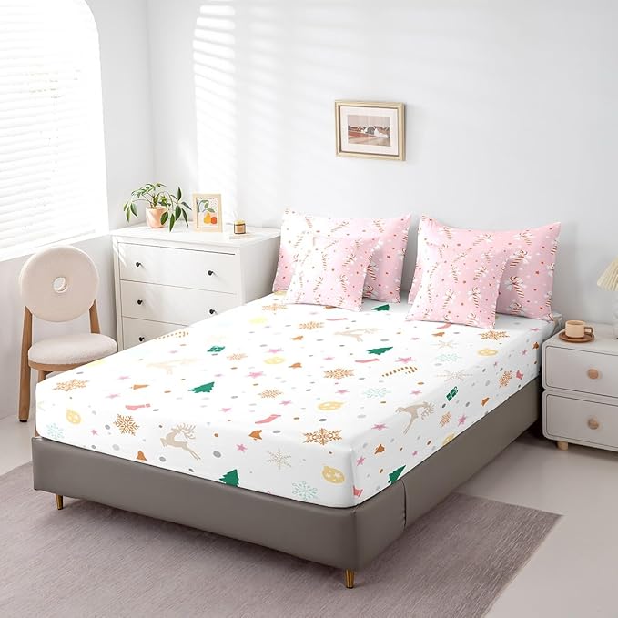 Pink Christmas Girly Comforter Set with Sheets Kids Christmas Bowknot Bedding Set Boys Girls Bow Candy Decor Bed in a Bag Xmas Theme Bed Set Bedroom Full Size