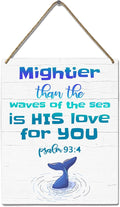 Ocean Nursery Wall Art Whale Decor for Baby Boy Nautical Beach Room Sign Mightier Than The Waves of The Sea Psalm 93:4 Wooden Signs Under The Sea Animal Pictures Bathroom Decor for Kids 10x8 Inch