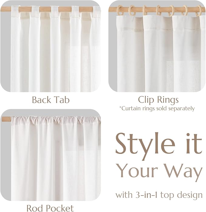 jinchan Linen Curtains 50W x 84L Inch Off White for Living Room Farmhouse Curtains Clip Rings Back Tab Rod Pocket Drapes 4-Panel Set
