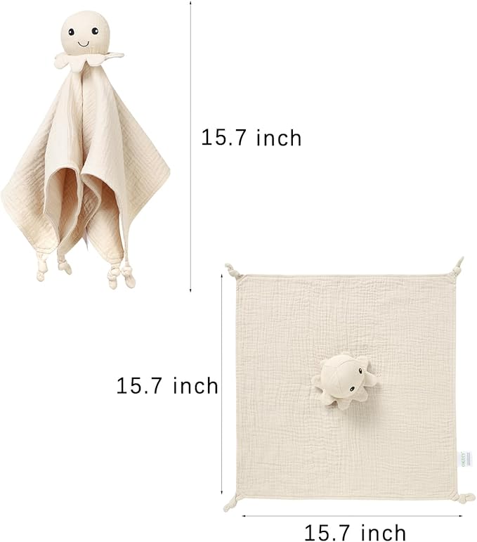 Organic Cotton Muslin Loveys for Babies,Security Blankets for Baby Lovey,Newborn Baby Gifts for Boys and Girls (Octopus Khaki)