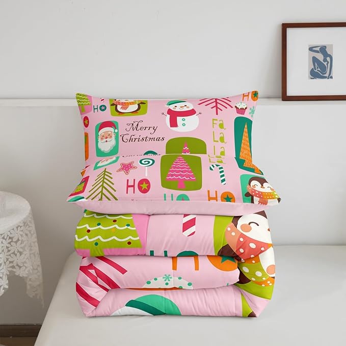 Erosebridal Christmas Kids Comforter Set Twin Size Cartoon Santa Claus Quilts Boys Girls Room Decor Merry Xmas Penguin Bedding Set Christmas Tree Snowman Down Comforter,Pink