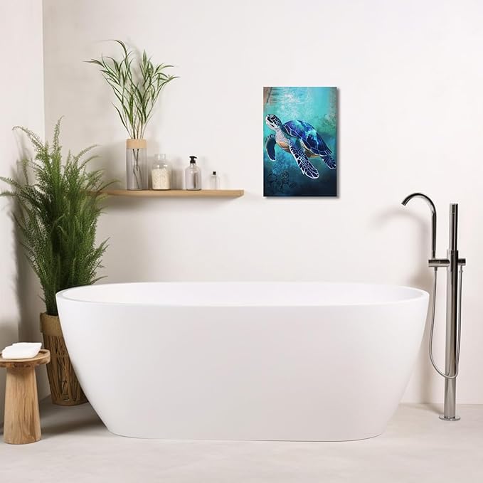 AWPANERAR Sea Turtle Wall Art Bathroom Pictures Watercolor Sea Life Canvas Prints Ocean Animal Poster Nautical Theme Artwork for Kids Room Nursery Decor Framed (Blue, (36L x 24W))
