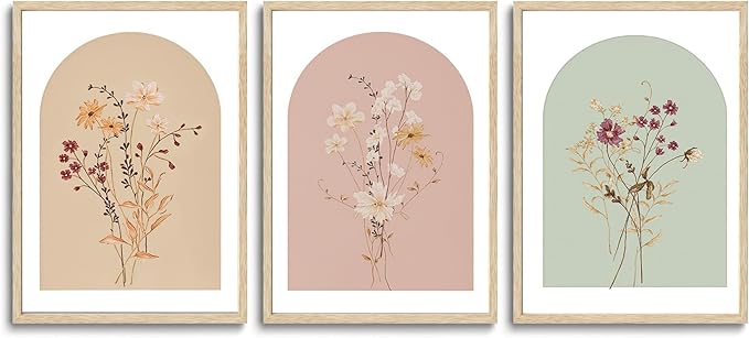 CHMMART 3 Piece Boho Wildflower Framed Wall Art Floral Botanical Canvas Art Prints Flower Pictures Wall Decor Minimalist Painting Artwork for Living Room Bedroom Bathroom 16x20in