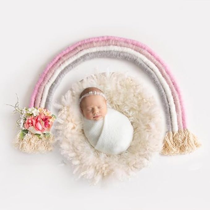 Newborn Photography Props Macrame Rainbow Decor Handmade Rainbows Newborn Photo Prop Rainbow Baby Photoshoot Props Bedroom Wall Decor Playroom Nursery Photo Props Accessories (Pink)