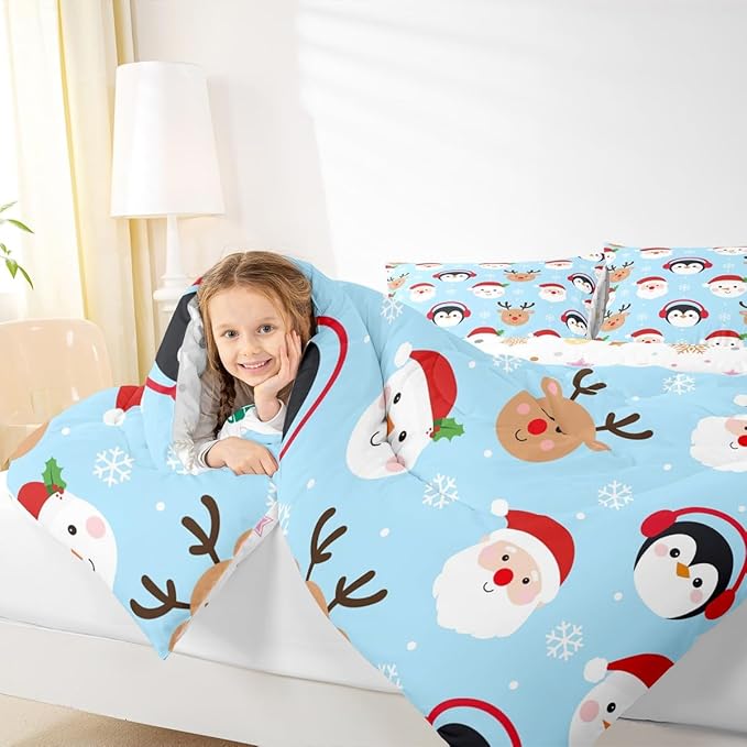 Feelyou Merry Christmas Comforter Set All Season Santa Claus Bedding Set with 2 Pillow Cases Deer Penguin Microfiber Kids Queen Bedclothes Snowman Bedroom Decor Duvet Quilt Breathable Soft Lightweight