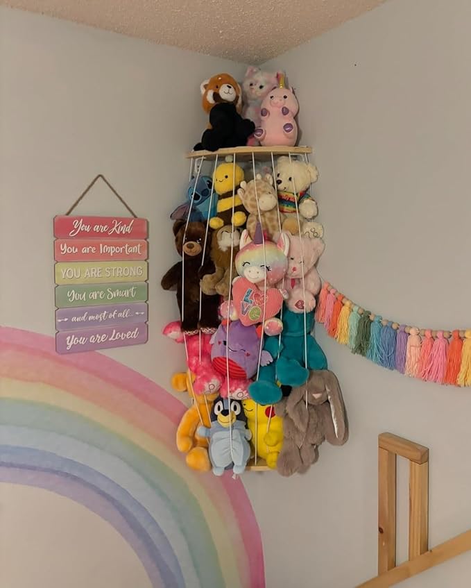 Corner Stuffed Animal Storage Net - Heigh Adjustable Wood Stuffed Animal Organizer - Large Wall Plush Holder Teddy Bear Storage for Bedroom Kids Room Nursery Decor (Natural Pine with Dolphin Pattern)