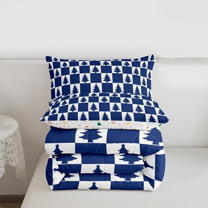 Feelyou Christmas Kids Comforter Set Twin Size Checkered Bedding Set Christmas Tree Duvet Quilt for Kids Boys Girls Bedroom Xmas Decorations Decor Blue Microfiber Ultra Soft Breathable