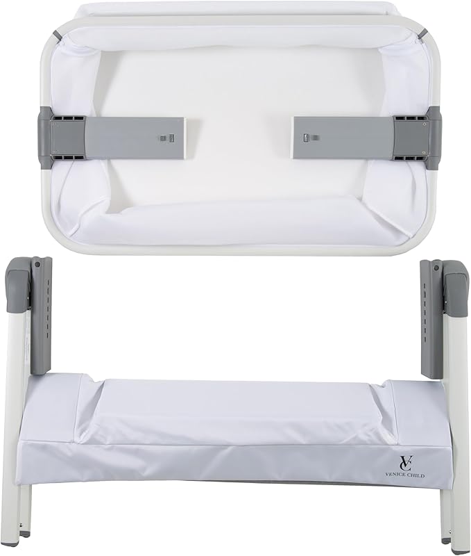 Venice Child California Dreaming Bedside Crib Bassinet w/Travel Case, Bamboo Bassinet Sheet, Removable Bamboo Compressed Cotton Mattress, Height Adjustable, Easy Clean - White