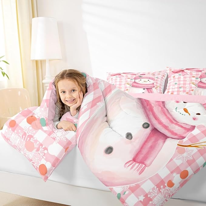 Castle Fairy Cute Cartoon Snowman Comforter Set,Pink Bow Girly Style Bedding Set Kids Teens Modern Decor,Pink White Geometric Grid Dots Comforter with 1 Pillowcase for All Seasons,Twin