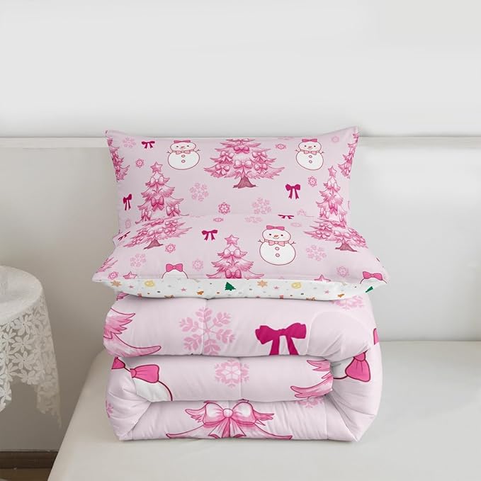 Feelyou Merry Christmas Bedding Set Soft for Boys Girls, Cute Snowman Comforter Set King Size Cartoon Bowknot Duvet Quilt Microfiber Christmas Tree 3 Pcs with 2 Pillow Cases