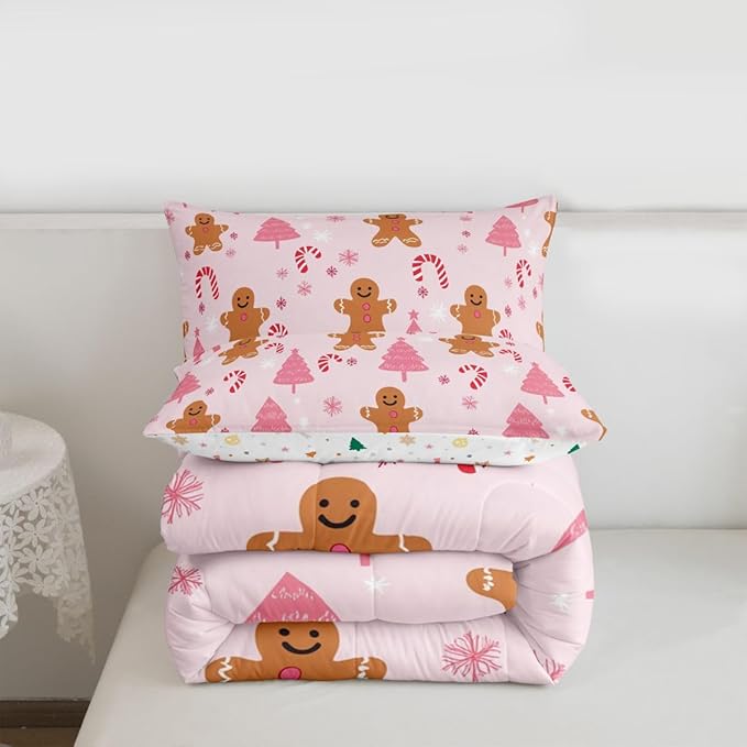 Feelyou Cute Gingerbread Man Comforter Set All Season Pink Christmas Tree Bedding Set with 2 Pillow Cases Candy Cane Kids Queen Snowflake Room Decor Christmas Duvet Quilt Breathable Soft Lightweight