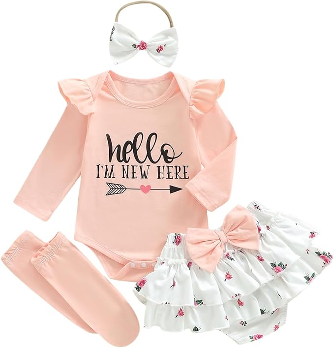 Newborn Baby Girl Clothes Hello I'm New Here Romper Ruffle Shorts Tutu Skirt Set Cute Infant Coming Home Outfits