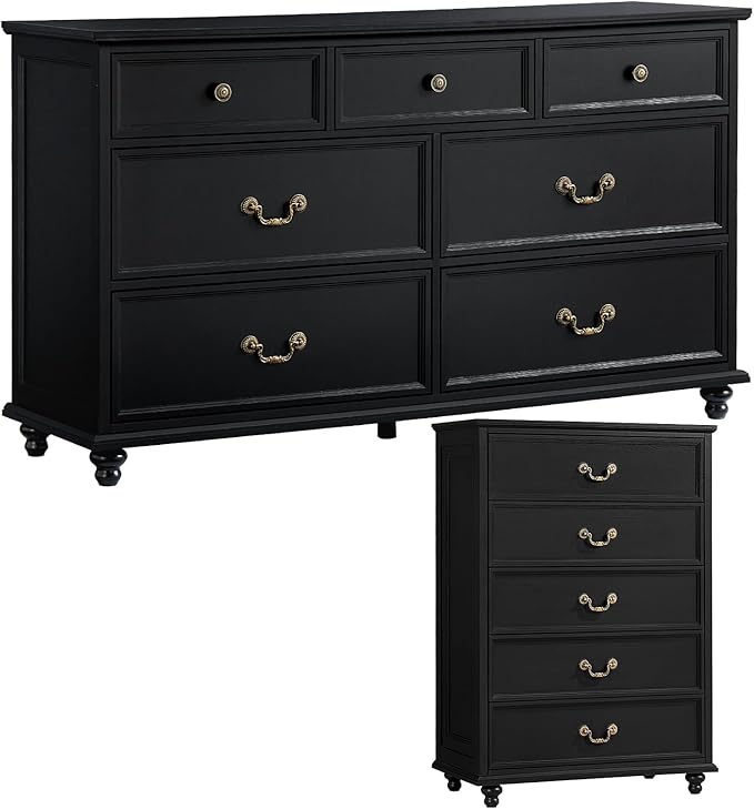 Bedroom Dresser Sets, 54" Wide 7 Drawers Dresser and 45" Tall 5 Drawers Dresser, Wooden 2 Piece Bedroom Furniture Set, Chest of Drawer for Bedroom, Home, Living Room, Hallway, Black