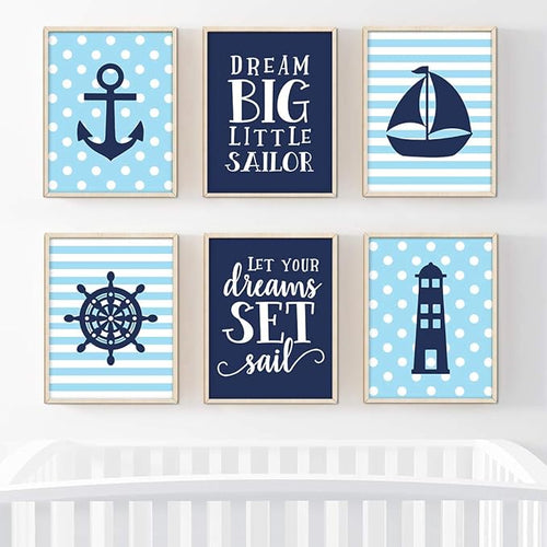 Andaz Press Ocean Nautical Sailor Theme Nursery Kids Bedroom Hanging Wall Art Decor, 8.5x11-inch, Baby Blue Stripes Dots, Dream Big, Let Your Dreams Set Sail, 6-Pack, Unframed Room Poster