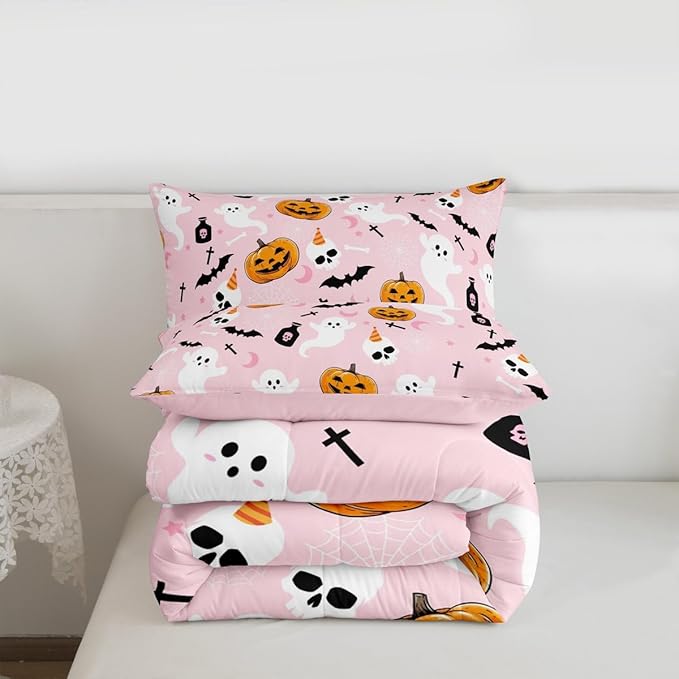 Erosebridal Pink Halloween Comforter Set Cute Ghost Bedding Set Full Size,Spooky Pumpkin Bat Decor Quilt for Kids Boys Girls Adults Vintage Halloween Decorations Down Comforter