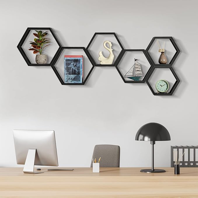 CADUKE Hexagonal Floating Shelves Set of 6 Hexagon Sheves Wall Mount Wood Storage Honeycomb Shelf Farmhouse Wall Decor Shelves for Bedroom Living Room, Black
