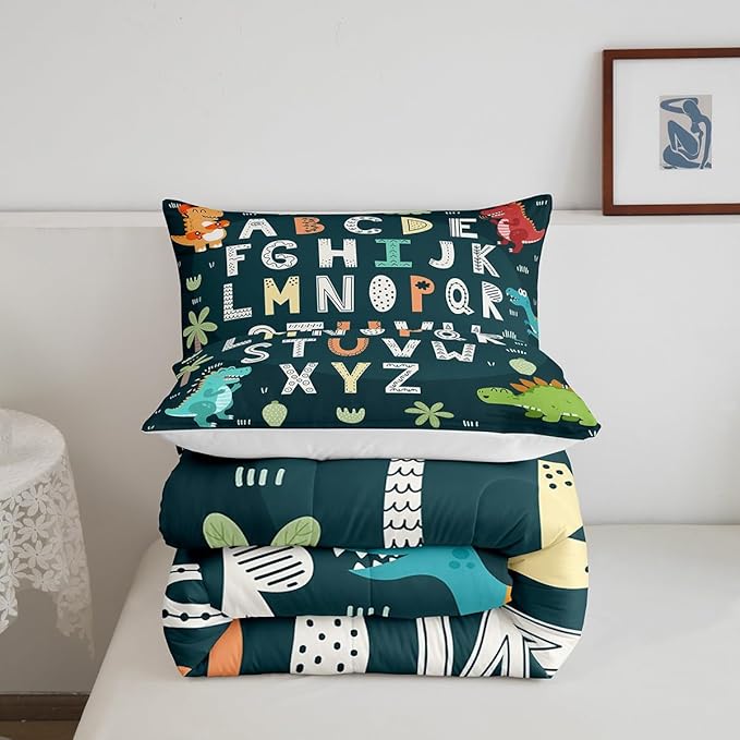 Alphabet Kids ABC Learning Bedding Set Full Size, Cartoon Dino Comforter Kids Educational Nursery Art Comforter Set for Boys Girls Jungle Dino Duvet Set Durable Bed Set 3Pcs