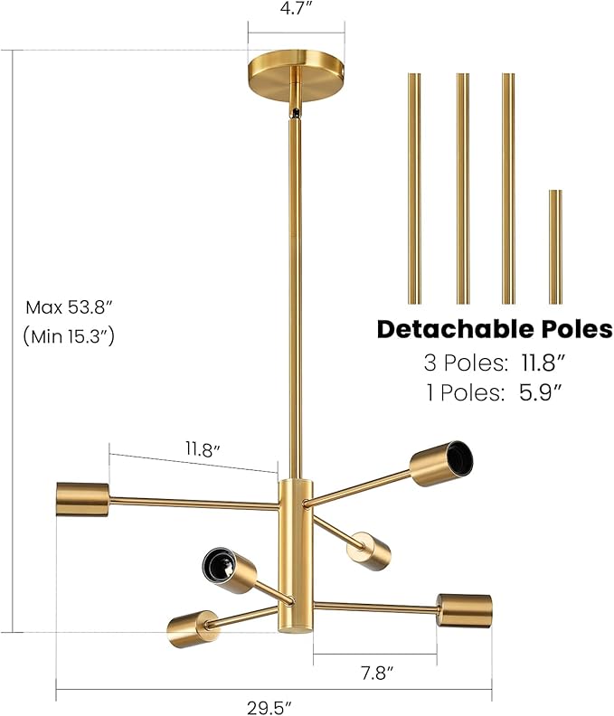 Modern Sputnik Chandeliers Light, 6-Light Gold Dining Room Chandelier Over Table, E26 Mid Century Ceiling Light Fixtures Height Adjustable Hanging Pendant Lighting for Entryway Foyer