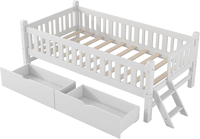 Twin Size Platform Bed with Guardrail and 2 Drawers, Wood Kids Platform Bed Frame with Two-Step Ladder for Boys Girls, Sturdy Slats Support (White-1.26)