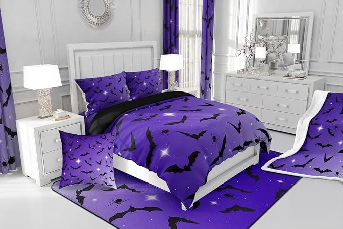 Erosebridal Bat Comforter Set King Size for Kids Galaxy Glitter Bedding Set with 2 Pillow Cases Happy Halloween Quilt Gothic Spooky Down Comforter Purple and Black
