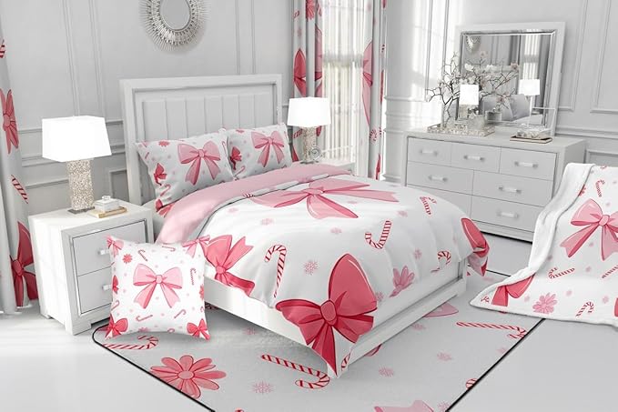 Feelyou Pink Bowknot Comforter Set All Season Christmas Candy Cane Snowflake Bedding Set with 1 Pillow Cases Cute Bow Microfiber Kids Toddler Bedclothes Dreamy Princess Style Bedroom Decor Duvet Quilt