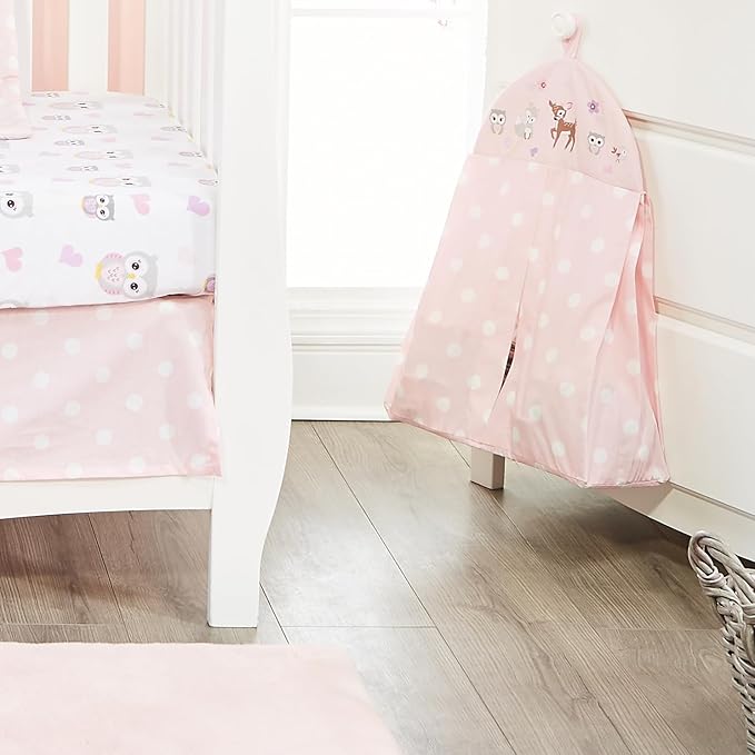 EVERYDAY KIDS 4 Piece Girls Crib Bedding Set - Owls - Soft 100% Cotton Percale - Includes Quilt, Fitted Sheet, Dust Ruffle and Diaper Stacker - Nursery Bedding Set - Baby Crib Bedding Set