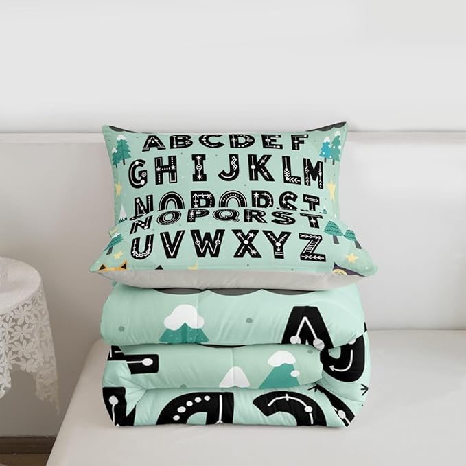 Feelyou Alphabet Kids ABC Learning Comforter Set All Season Cute Fox Bedding Set with 1 Pillow Cases Educational Nursery Art Kids Toddler Bedclothes Woodland Animals Bedroom Decor Duvet Quilt