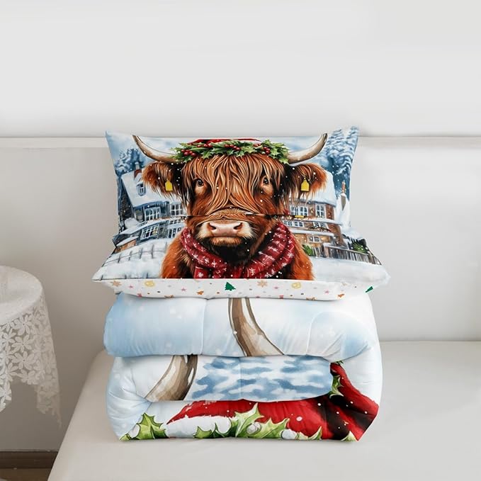 Feelyou Merry Christmas Bedding Set Soft for Boys Girls, Highland Cow Comforter Set Full Size Snowflake Duvet Quilt Microfiber Winter Bedroom Decor 3 Pcs with 2 Pillow Cases