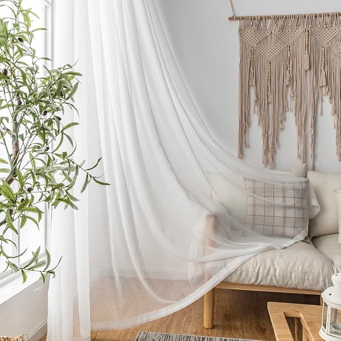 Off White Pinch Pleated Sheer Curtains 108 Inches Long Extra, Thin Textured Linen Look Living Room Drapes Window Decor, Ivory Sliding Glass Door Curtain with Rings & Hooks & Back Tab