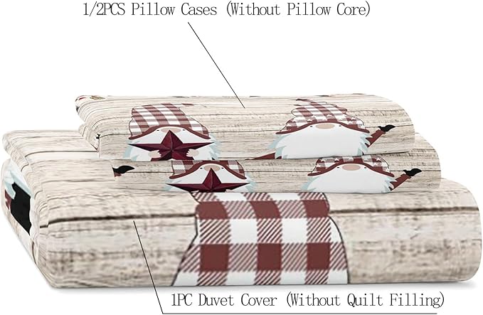LUVIVIHOME 3PCS Christmas Gnome Duvet Cover Full Bedding Set, Primitive Country Rustic Farmhouse Bedding, Holly Berry Star Red Buffalo Plaid Checkered Comforter Bedspread Quilt Cover, 2 Pillow Shams