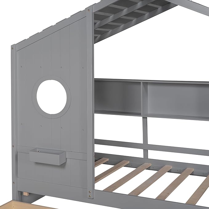 Bellemave Twin Size House Bed with Storage Drawers,Kids House Bed Frame with Shelves,Cute Wood House Bed Twin with Roof for Kids,Girls,Boys,Gray