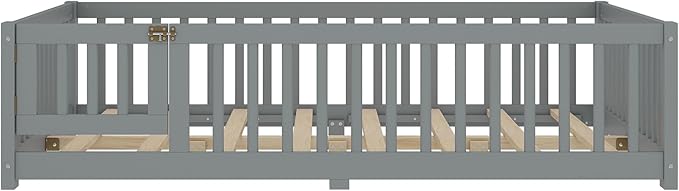 Bellemave Full Size Floor Bed with Rails for Kids, Girls, Boys, Pine,Plywood Floor Bed with slats and Door, Grey