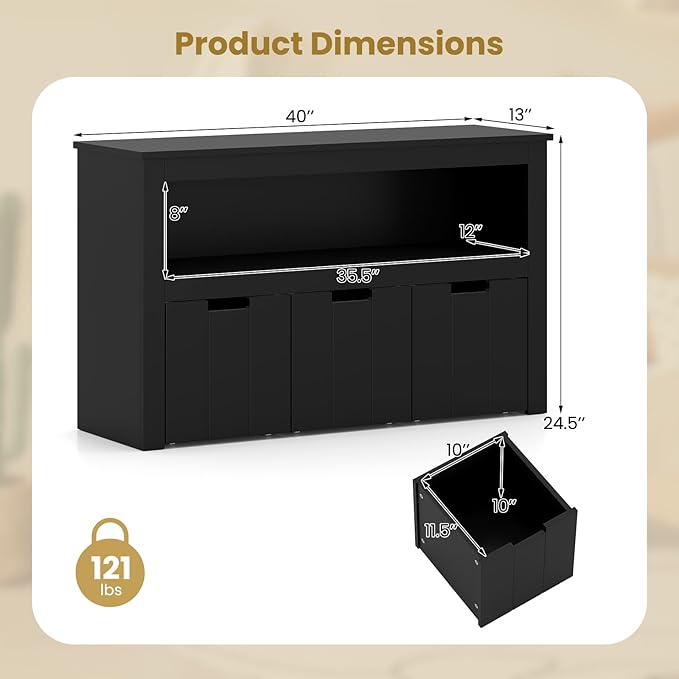 Costzon Toy Storage Cabinet, Toy Chest w/ 3 Removable Drawers, Wheels & Spacious Tabletop, Toddler Storage Organizer for Kids Room, Playroom & Nursery (Black, 13" D x 40" W x 24.5" H (3 Drawers))